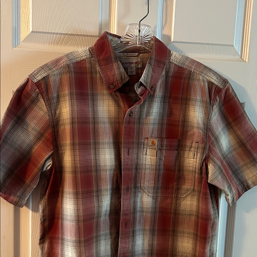 Carhartt Men's Red and Gray Plaid Button Down Shirt